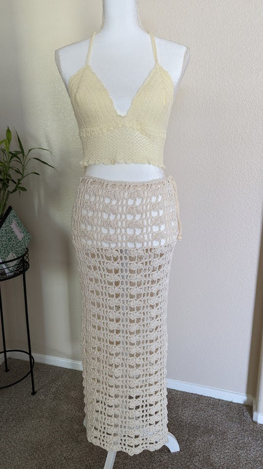 MADE TO ORDER - Beige Crochet Long Mesh Skirt