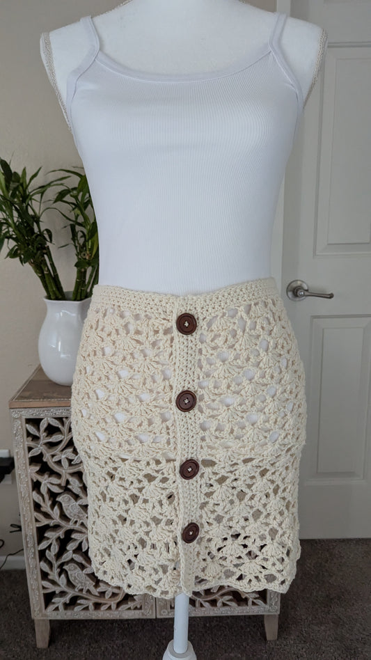 Made to Order - Ivory Button Front Crochet Lace Skirt