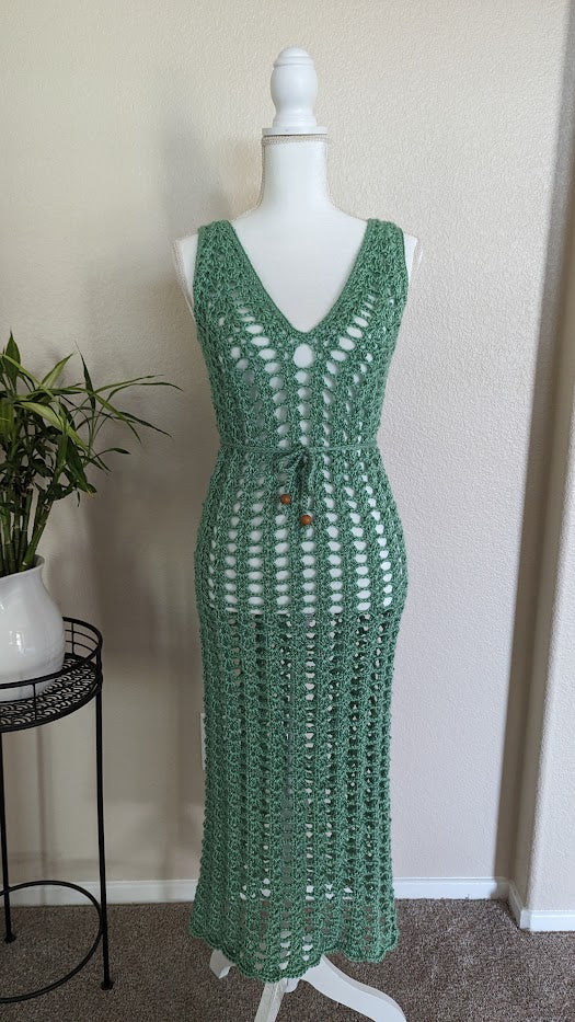 MADE TO ORDER - Light Green Crochet Mesh Maxi Dress - Beach Cover-UP