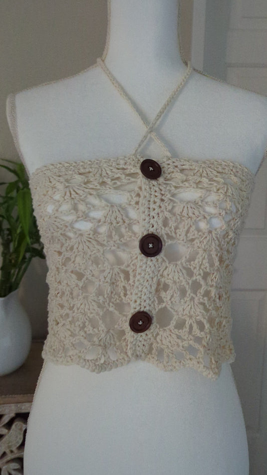 Made to Order - Ivory Button Front Crochet Halter Top