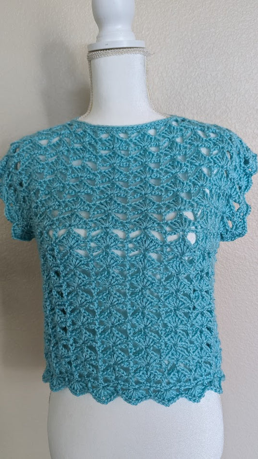 MADE TO ORDER - LIGHT AQUA GREEN CROCHET SHELL STITCH TOP